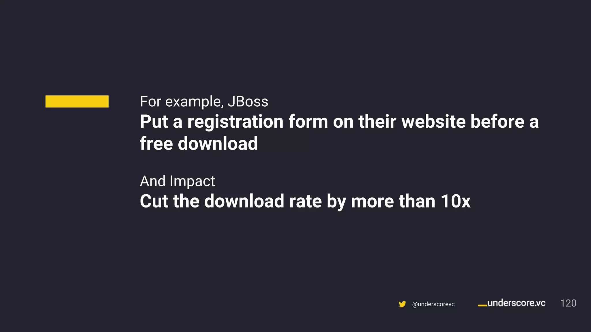 Confidential & Proprietary @underscorevc
For example, JBoss
Put a registration form on their website before a
free download
And Impact
Cut the download rate by more than 10x
120
 