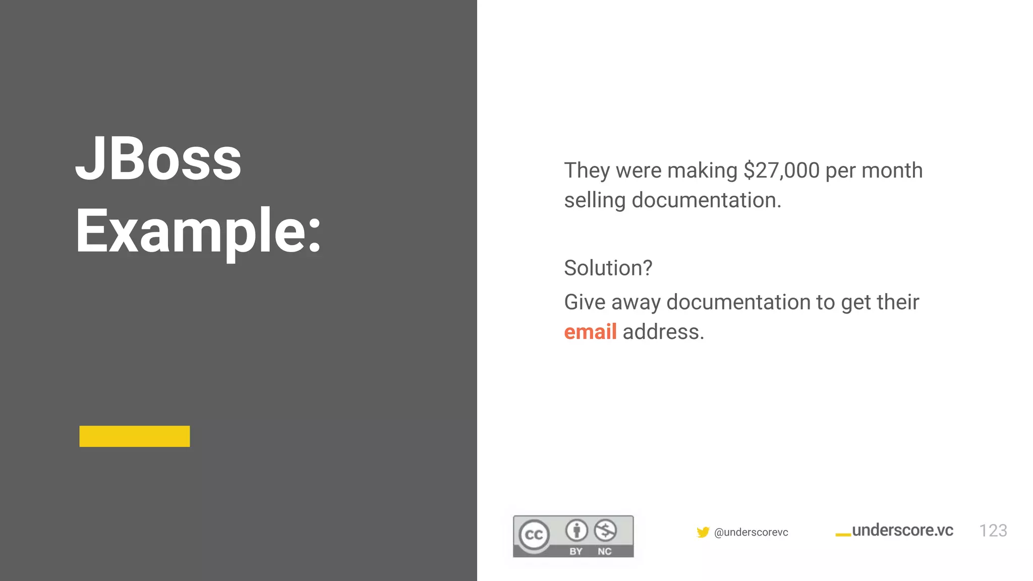 Confidential & Proprietary @underscorevc
JBoss
Example:
They were making $27,000 per month
selling documentation.
Solution?
Give away documentation to get their
email address.
123
 