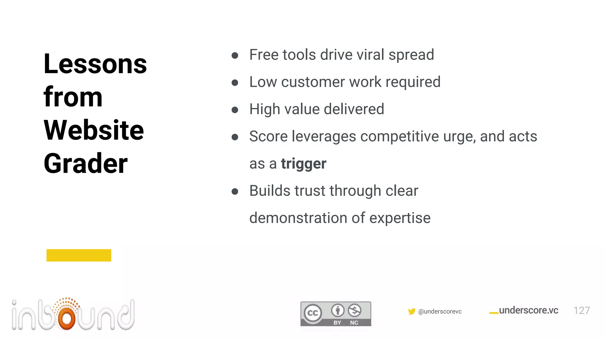 Confidential & Proprietary @underscorevc
Lessons
from
Website
Grader
● Free tools drive viral spread
● Low customer work required
● High value delivered
● Score leverages competitive urge, and acts
as a trigger
● Builds trust through clear
demonstration of expertise
127
 