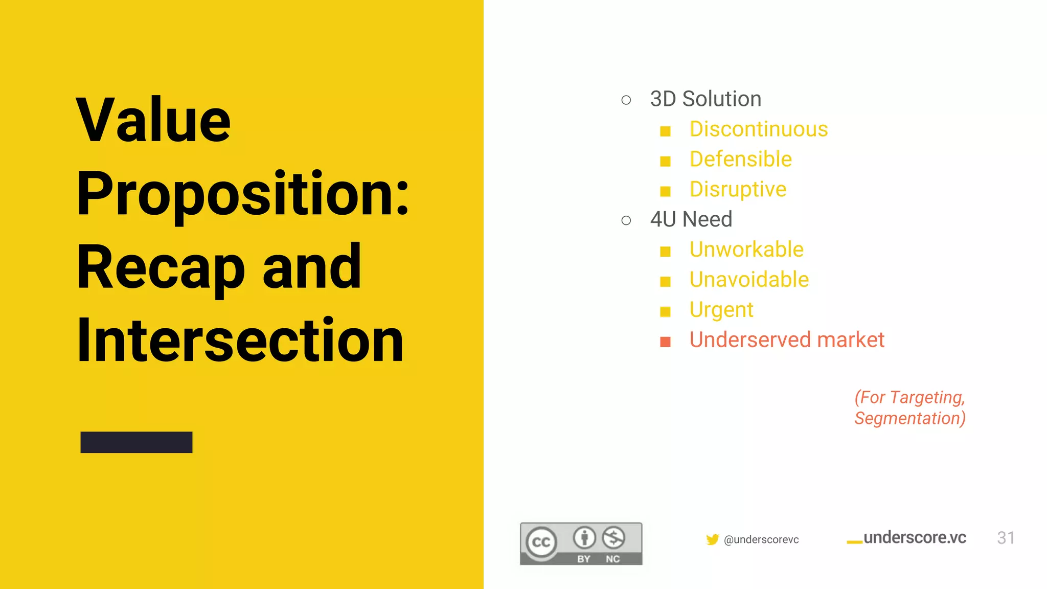 Confidential & Proprietary @underscorevc
Value
Proposition:
Recap and
Intersection
○ 3D Solution
■ Discontinuous
■ Defensible
■ Disruptive
○ 4U Need
■ Unworkable
■ Unavoidable
■ Urgent
■ Underserved market
(For Targeting,
Segmentation)
31
 