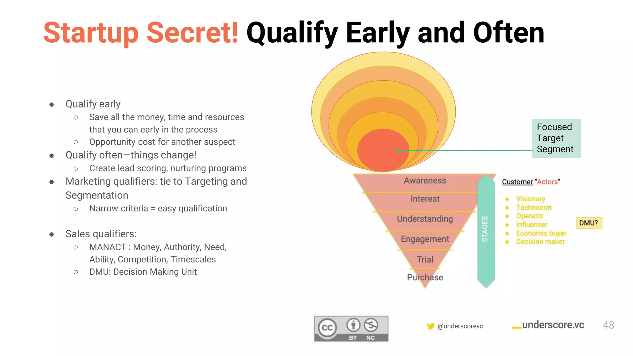 Confidential & Proprietary @underscorevc
● Qualify early
○ Save all the money, time and resources
that you can early in the process
○ Opportunity cost for another suspect
● Qualify often—things change!
○ Create lead scoring, nurturing programs
● Marketing qualifiers: tie to Targeting and
Segmentation
○ Narrow criteria = easy qualification
● Sales qualifiers:
○ MANACT : Money, Authority, Need,
Ability, Competition, Timescales
○ DMU: Decision Making Unit
Focused
Target
Segment
Startup Secret! Qualify Early and Often
48
 