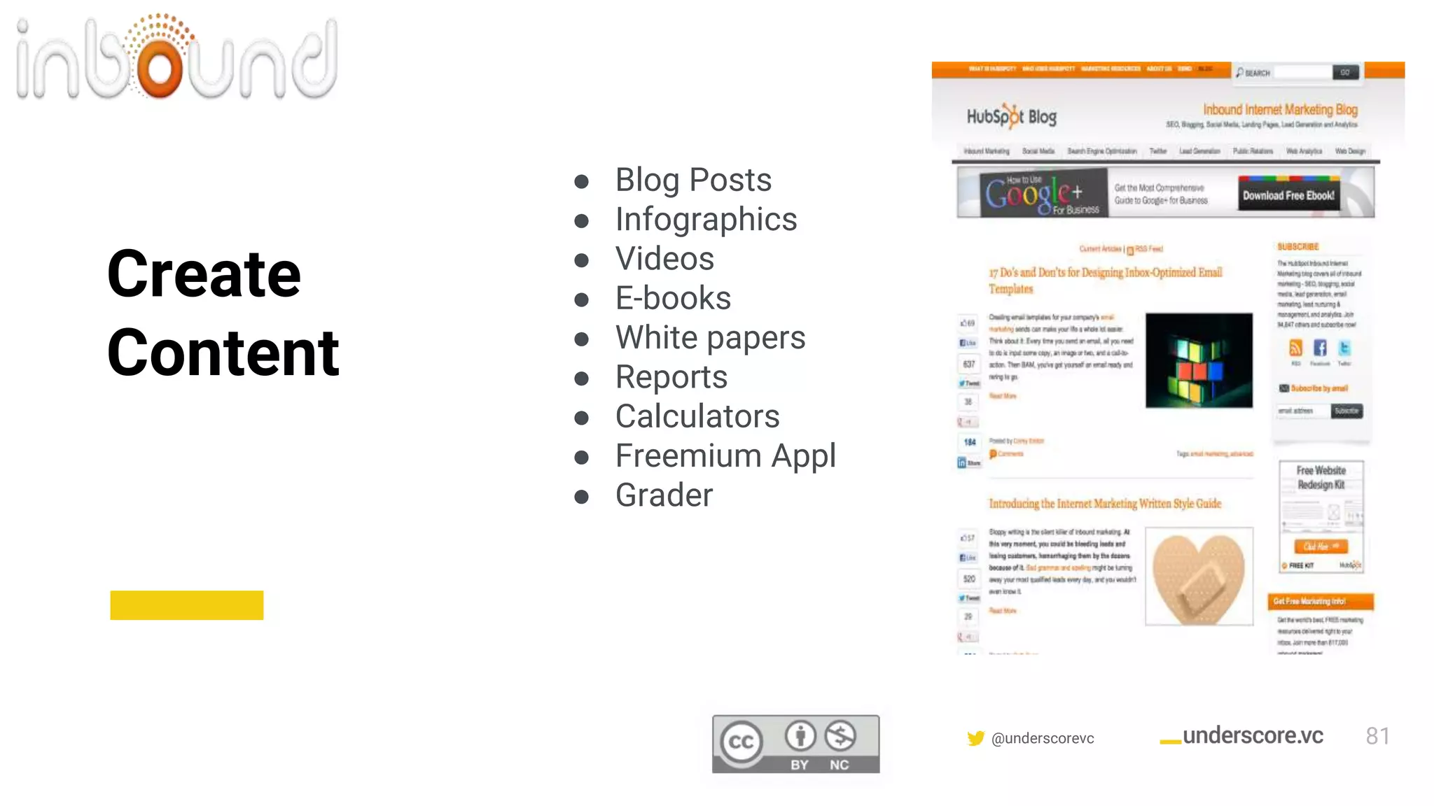 Confidential & Proprietary @underscorevc
● Blog Posts
● Infographics
● Videos
● E-books
● White papers
● Reports
● Calculators
● Freemium Appl
● Grader
Create
Content
81
 