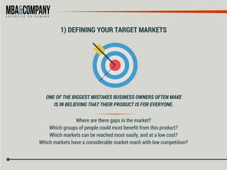 1) DEFINING YOUR TARGET MARKETS
ONE OF THE BIGGEST MISTAKES BUSINESS OWNERS OFTEN MAKE
IS IN BELIEVING THAT THEIR PRODUCT ...