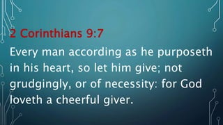 2 Corinthians 9:7
Every man according as he purposeth
in his heart, so let him give; not
grudgingly, or of necessity: for God
loveth a cheerful giver.
 