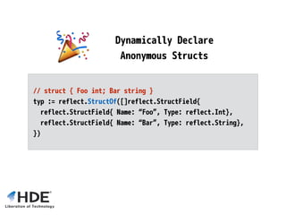 _, ok := reflect.
TypeOf(Foo{}).
MethodByName(“foo”)
fmt.Printf(“ok = %tn”)
Bug? Fix
// go1.6 -> true
 