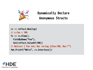 _, ok := reflect.
TypeOf(Foo{}).
MethodByName(“foo”)
fmt.Printf(“ok = %tn”)
Bug? Fix
// go1.7 -> false
 