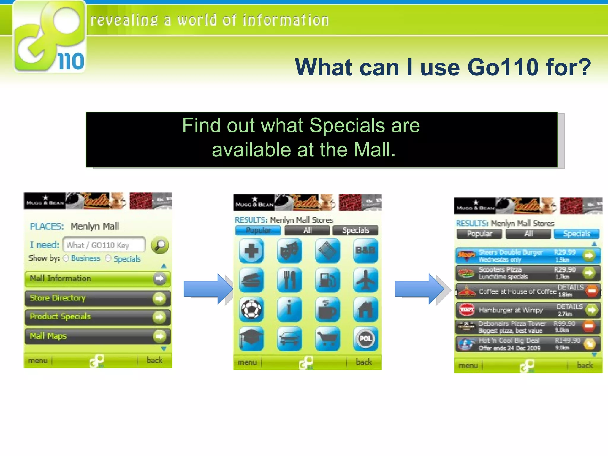 Find out what Specials are  available at the Mall. What can I use Go110 for? 