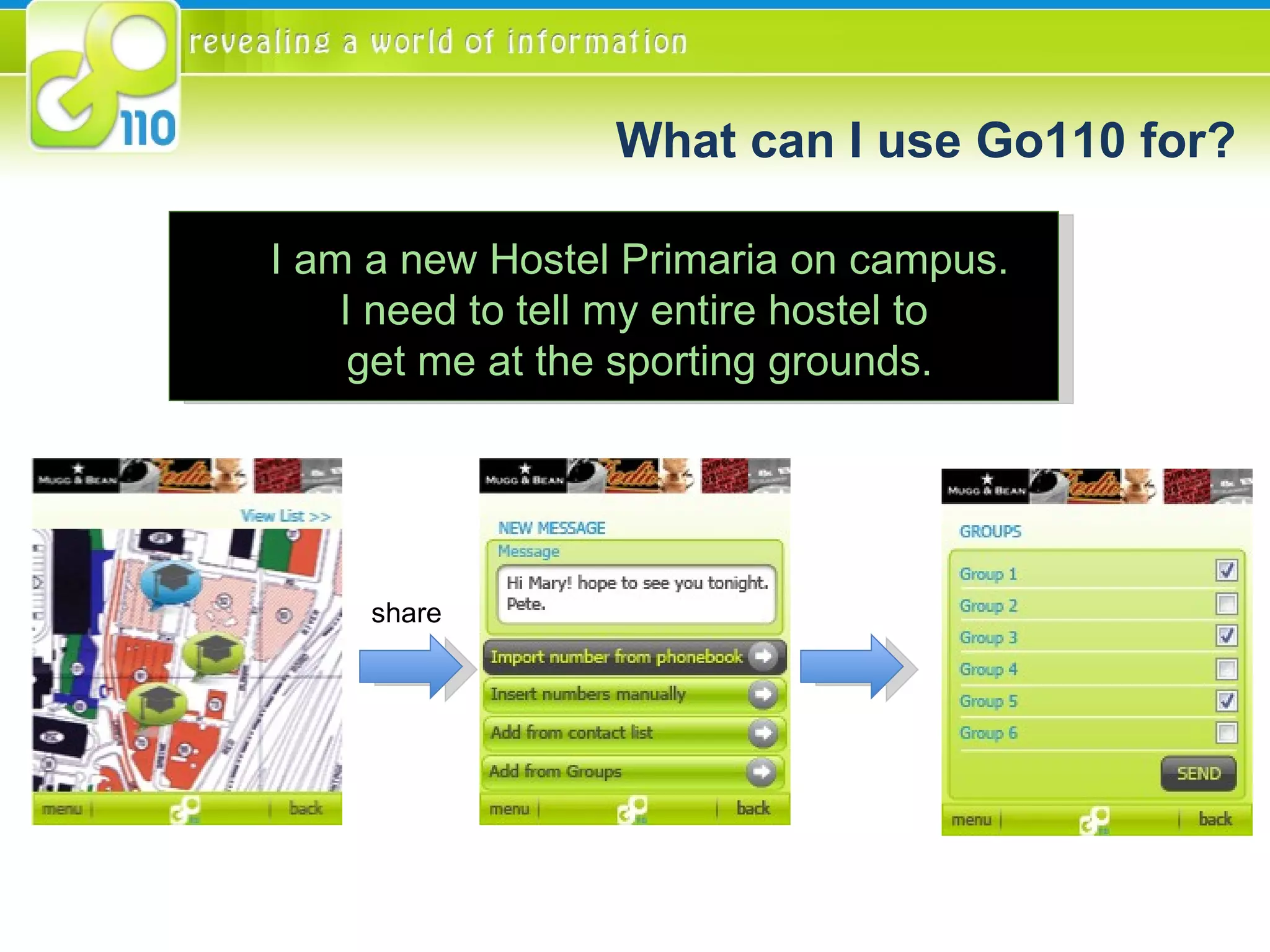 I am a new Hostel Primaria on campus. I need to tell my entire hostel to  get me at the sporting grounds. What can I use Go110 for? share 