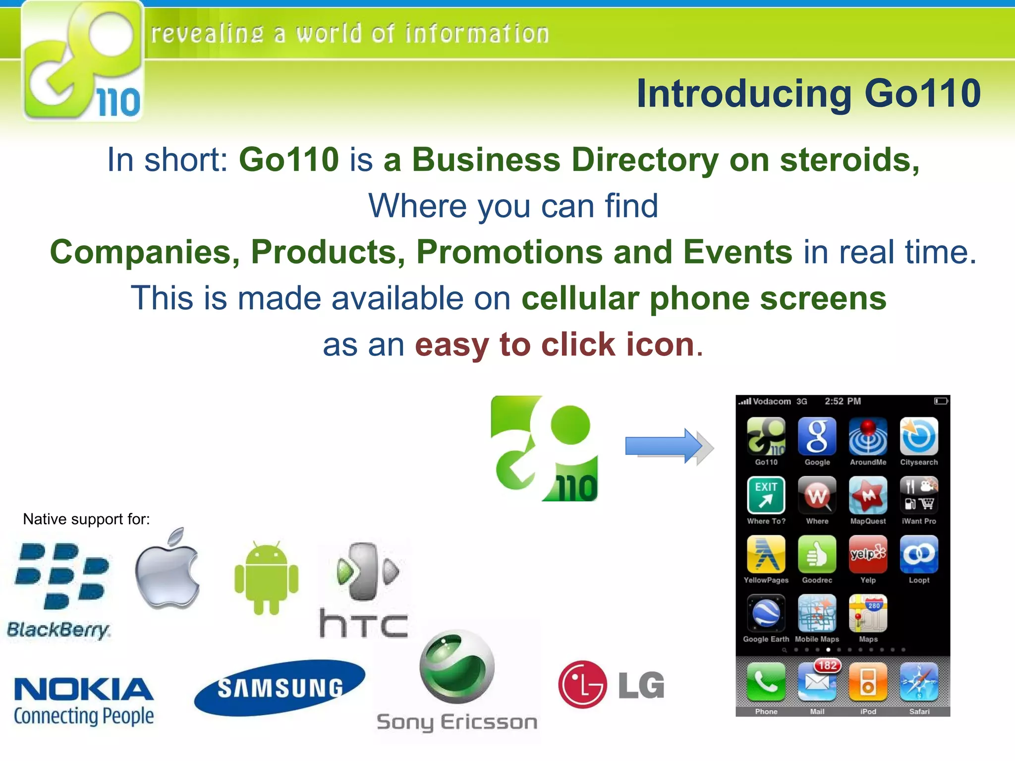 Introducing Go110 In short:  Go110   is  a Business Directory on steroids, Where you can find Companies, Products, Promotions and Events  in real time.  This is made available on  cellular phone screens  as an  easy to click icon . Native support for: 