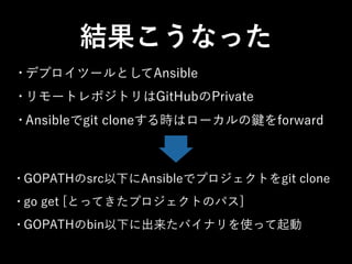 結果こうなった
• デプロイツールとしてAnsible
• リモートレポジトリはGitHubのPrivate
• Ansibleでgit cloneする時はローカルの をforward
• GOPATHのsrc以下にAnsibleでプロジェクトをgit clone
• go get [とってきたプロジェクトのパス]
• GOPATHのbin以下に出来たバイナリを使って起動
 