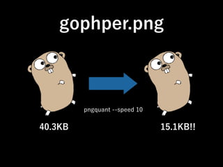 gophper.png
pngquant --speed 10
40.3KB 15.1KB!!
 