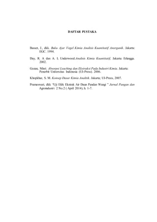 19
DAFTAR PUSTAKA
Basset, J., dkk. Buku Ajar Vogel Kimia Analisis Kuantitatif Anorganik. Jakarta:
EGC. 1994.
Day, R. A dan A. L Underwood.Analisis Kimia Kuantitatif, Jakarta: Erlangga.
2002.
Gozan, Misri. Absorpsi Leaching dan Ekstraksi Pada Industri Kimia. Jakarta:
Penerbit Universitas Indonesia (UI-Press). 2006.
Khopkhar, S. M. Konsep Dasar Kimia Analitik. Jakarta; UI-Prees, 2007.
Prameswari, dkk “Uji Efek Ekstrak Air Daun Pandan Wangi ” Jurnal Pangan dan
Agroindustri 2 No.2 ( April 2014), h. 1-7.
 