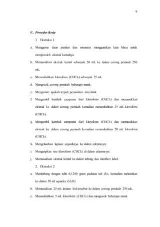 9
C. Prosedur Kerja
1. Ekstraksi I
a. Menggerus daun pandan dan memeras menggunakan kain blacu untuk
memperoleh ekstrak kentalnya.
b. Memasukkan ekstrak kental sebanyak 50 mL ke dalam corong pemisah 250
mL.
c. Menambahkan kloroform (CHCl3) sebanyak 75 mL.
d. Mengocok corong pemisah beberapa menit.
e. Mengamati apakah terjadi pemisahan atau tidak.
f. Mengambil kembali campuran dari kloroform (CHCl3) dan memasukkan
ekstrak ke dalam corong pemisah kemudian menambahkan 25 mL kloroform
(CHCl3).
g. Mengambil kembali campuran dari kloroform (CHCl3) dan memasukkan
ekstrak ke dalam corong pemisah kemudian menambahkan 20 mL kloroform
(CHCl3).
h. Mengeluarkan lapisan organiknya ke dalam erlenmeyer.
i. Menguapkan sisa kloroform (CHCl3) di dalam erlenmeyer.
j. Memasukkan ekstrak kental ke dalam tabung dan memberi label.
2. Ekstraksi 2
a. Menimbang dengan teliti 0,1280 gram padatan iod (I2), kemudian melarutkan
ke dalam 50 ml aquades (H2O).
b. Memasukkan 25 mL larutan Iod tersebut ke dalam corong pemisah 250 mL.
c. Menambahkan 5 mL kloroform (CHCl3) dan mengocok beberapa menit.
 