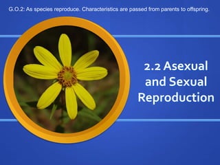 2.2 Asexual
and Sexual
Reproduction
G.O.2: As species reproduce. Characteristics are passed from parents to offspring.
 