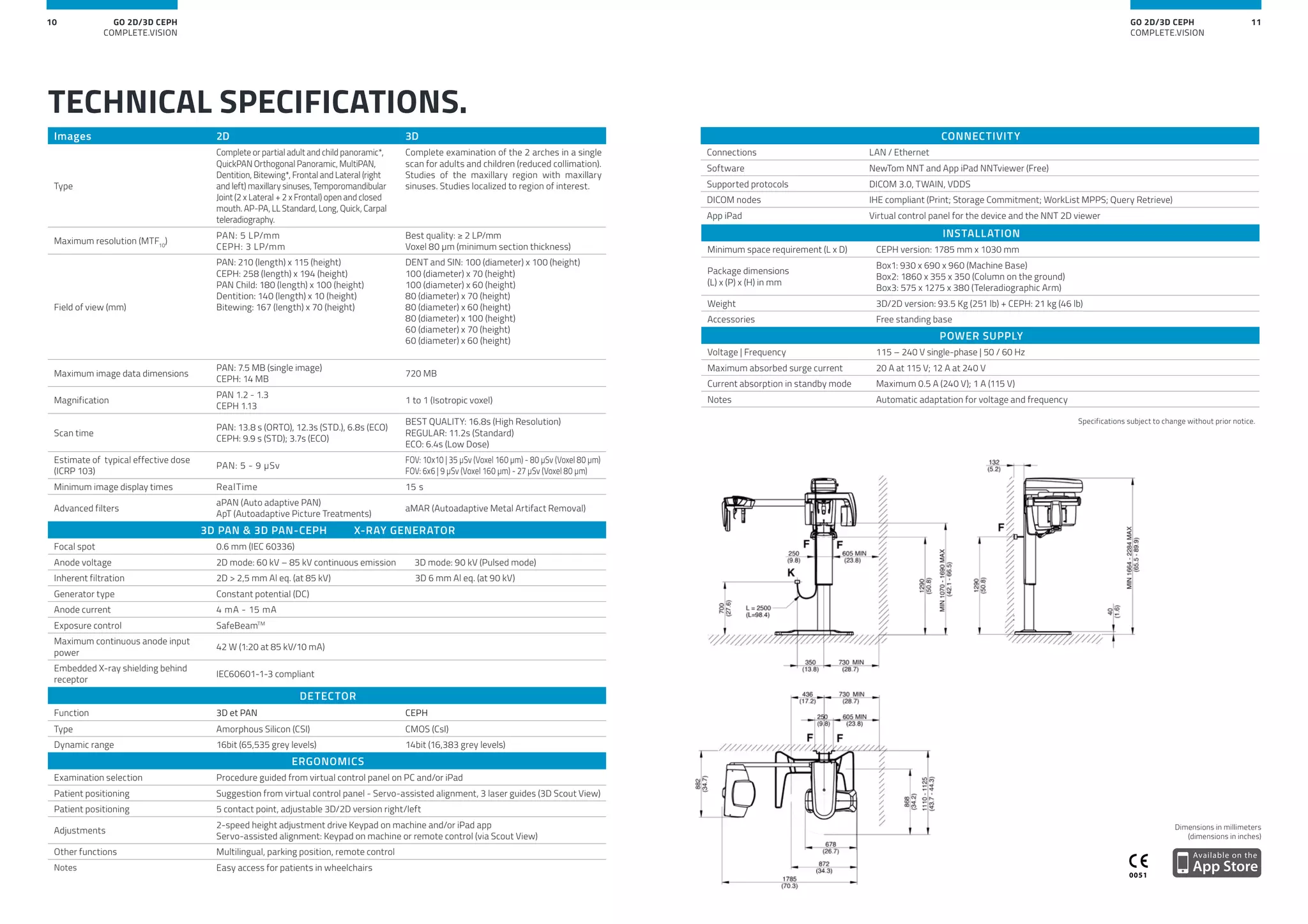 GO 2D/3D CEPH
COMPLETE.VISION
11GO 2D/3D CEPH
COMPLETE.VISION
10
0051
TECHNICAL SPECIFICATIONS.
Images 2D 3D
Type
Complete or partial adult and child panoramic*,
QuickPAN Orthogonal Panoramic, MultiPAN,
Dentition, Bitewing*, Frontal and Lateral (right
and left) maxillary sinuses, Temporomandibular
Joint (2 x Lateral + 2 x Frontal) open and closed
mouth. AP-PA, LL Standard, Long, Quick, Carpal
teleradiography.
Complete examination of the 2 arches in a single
scan for adults and children (reduced collimation).
Studies of the maxillary region with maxillary
sinuses. Studies localized to region of interest.
Maximum resolution (MTF10
)
PAN: 5 LP/mm
CEPH: 3 LP/mm
Best quality: ≥ 2 LP/mm
Voxel 80 µm (minimum section thickness)
Field of view (mm)
PAN: 210 (length) x 115 (height)
CEPH: 258 (length) x 194 (height)
PAN Child: 180 (length) x 100 (height)
Dentition: 140 (length) x 10 (height)
Bitewing: 167 (length) x 70 (height)
DENT and SIN: 100 (diameter) x 100 (height)
100 (diameter) x 70 (height)
100 (diameter) x 60 (height)
80 (diameter) x 70 (height)
80 (diameter) x 60 (height)
80 (diameter) x 100 (height)
60 (diameter) x 70 (height)
60 (diameter) x 60 (height)
Maximum image data dimensions
PAN: 7.5 MB (single image)
CEPH: 14 MB
720 MB
Magnification
PAN 1.2 - 1.3
CEPH 1.13
1 to 1 (Isotropic voxel)
Scan time
PAN: 13.8 s (ORTO), 12.3s (STD.), 6.8s (ECO)
CEPH: 9.9 s (STD); 3.7s (ECO)
BEST QUALITY: 16.8s (High Resolution)
REGULAR: 11.2s (Standard)
ECO: 6.4s (Low Dose)
Estimate of typical effective dose
(ICRP 103)
PAN: 5 - 9 µSv
FOV: 10x10 | 35 µSv (Voxel 160 µm) - 80 µSv (Voxel 80 µm)
FOV: 6x6 | 9 µSv (Voxel 160 µm) - 27 µSv (Voxel 80 µm)
Minimum image display times RealTime 15 s
Advanced filters
aPAN (Auto adaptive PAN)
ApT (Autoadaptive Picture Treatments)
aMAR (Autoadaptive Metal Artifact Removal)
3D PAN & 3D PAN-CEPH X-RAY GENERATOR
Focal spot 0.6 mm (IEC 60336)
Anode voltage 2D mode: 60 kV – 85 kV continuous emission 3D mode: 90 kV (Pulsed mode)
Inherent filtration 2D > 2,5 mm Al eq. (at 85 kV) 3D 6 mm Al eq. (at 90 kV)
Generator type Constant potential (DC)
Anode current 4 mA - 15 mA
Exposure control SafeBeamTM
Maximum continuous anode input
power
42 W (1:20 at 85 kV/10 mA)
Embedded X-ray shielding behind
receptor
IEC60601-1-3 compliant
DETECTOR
Function 3D et PAN CEPH
Type Amorphous Silicon (CSI) CMOS (CsI)
Dynamic range 16bit (65,535 grey levels) 14bit (16,383 grey levels)
ERGONOMICS
Examination selection Procedure guided from virtual control panel on PC and/or iPad
Patient positioning Suggestion from virtual control panel - Servo-assisted alignment, 3 laser guides (3D Scout View)
Patient positioning 5 contact point, adjustable 3D/2D version right/left
Adjustments
2-speed height adjustment drive Keypad on machine and/or iPad app
Servo-assisted alignment: Keypad on machine or remote control (via Scout View)
Other functions Multilingual, parking position, remote control
Notes Easy access for patients in wheelchairs
INSTALLATION
Minimum space requirement (L x D) CEPH version: 1785 mm x 1030 mm
Package dimensions
(L) x (P) x (H) in mm
Box1: 930 x 690 x 960 (Machine Base)
Box2: 1860 x 355 x 350 (Column on the ground)
Box3: 575 x 1275 x 380 (Teleradiographic Arm)
Weight 3D/2D version: 93.5 Kg (251 lb) + CEPH: 21 kg (46 lb)
Accessories Free standing base
POWER SUPPLY
Voltage | Frequency 115 – 240 V single-phase | 50 / 60 Hz
Maximum absorbed surge current 20 A at 115 V; 12 A at 240 V
Current absorption in standby mode Maximum 0.5 A (240 V); 1 A (115 V)
Notes Automatic adaptation for voltage and frequency
Specifications subject to change without prior notice.
Dimensions in millimeters
(dimensions in inches)
CONNECTIVITY
Connections LAN / Ethernet
Software NewTom NNT and App iPad NNTviewer (Free)
Supported protocols DICOM 3.0, TWAIN, VDDS
DICOM nodes IHE compliant (Print; Storage Commitment; WorkList MPPS; Query Retrieve)
App iPad Virtual control panel for the device and the NNT 2D viewer
 