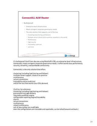 It's	
  bulletproof:	
  Built	
  from	
  day	
  one using	
  MuleSoft’s ESB,	
  an	
  enterprise-­‐level	
  infrastructure,	
  
ConnectALL meets	
  stringent	
  corporate	
  governance	
  needs.	
  It	
  offers	
  world-­‐class	
  performance,	
  
security,	
  reliability,	
  and	
  worldwide	
  connectivity.	
  
ConnectALL is	
  the	
  only	
  solution	
  that	
  offers:
clustering	
  (including	
  load	
  sharing	
  and	
  failover)
multiple	
  server	
  support,	
  cloud	
  or	
  on-­‐premise
multitenancy
secure	
  connections
traceabilityand	
  an	
  audit	
  trail
and	
  all	
  the	
  rest	
  that	
  world-­‐class	
  CIOs	
  demand.
{Full	
  list,	
  for	
  reference:	
  
clustering	
  (including	
  load	
  sharing	
  and	
  failover)
guaranteed	
  message	
  delivery
injectable	
  workflow	
  engine
configurable	
  reporting	
  engine/traceability
alarms
secure	
  connections
multitenancy
siloedmultitenancy
out-­‐of-­‐box	
  configs are	
  modifiable
even	
  the	
  configurations	
  are	
  traceable	
  and	
  reportable,	
  can	
  be	
  rolled	
  forward	
  and	
  back.}
29
 