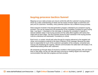 buying process tactics funnel
                             Mapping out your sales process can ensure conformity with the customer’s buying process,
                             driven by a clear understanding of needs and the impact of those needs on both that com-
                             pany and its customers. Inevitably, every potential customer has a different buying process.

                             Does everyone involved in the lead generation program understand your prospect’s buying
                             process? This can be viewed from the perspective of the modalities it employs at each buying
                             step. I use figure 1, illustrated on the next page, to develop the correlation in specific in-
                             stances between steps in the buying process and the sales effort together with tactics that
                             might work at each stage. The key business issues for each individual in the buying process
                             must be understood and addressed. Consistency is critical.

                             Each touch, or contact, should add value through its ongoing relevance to the targeted indi-
                             vidual, and consistency extends to the style of delivery of the message. Because the sales
                             team is responsible for much of the customer’s perception of the company, concerted care
                             must go into developing the ongoing, relevant communication the sales team will employ in its
                             relationship-building efforts with customers.

                             All companies go through steps of one kind or another in their buying process. We can’t force
                             them to skip steps, but we can help with lead nurturing by instilling regular and meaningful
                             communication that aids their progress and their process.




www.startwithalead.com/resources | Eight Critical Success Factors | eBook by brian j. carroll | page 6 of 27
 