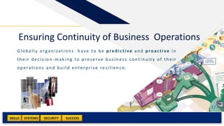 SKILLS SUCCESSSYSTEMS
17
SECURITY
Glob ally organ ization s h ave to b e p red ic tive an d p roactive in
th eir d ec ision -makin g to p reser ve b u sin ess contin u ity of th eir
operations and build enterprise resilience.
Ensuring Continuity of Business Operations
Add a footer
17
 