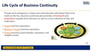 SKILLS SUCCESSSYSTEMS
18
SECURITY
Life Cycle of Business Continuity
• Sustain business operations
• Recover / resume business operations
• Protect business assets (People, reputation, and
tangible assets)
Reference: NIST SP 800-34, Contingency Planning Guide for IT Systems
Though each emergency is unique and many decisions will always have to be
made on-the-fly, a business continuity plan provides a framework and
preparation to guide these decisions as well as a clear indication of who will
make them.
 