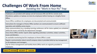 SKILLS SUCCESSSYSTEMS
41
SECURITY
Challenges Of Work From Home
Avoiding the “Work in Your PJs” Trap
KEY ACTIONS
Employees are provided with laptops and all necessary HW and SW for remote work.
Mandatory updates on laptops are done by employees before leaving on a lengthy Home
Office.
Home Office conditions for employees are documented and communicated.
Instructions for managers of Home Office workers are communicated to ensure sufficient
operation and visibility across teams.
Daily communications (e.g. standing morning conference call for status update) are scheduled
within the teams and led by the department manager.
Every Home Office worker reports daily regarding yesterday's activities, today's activities,
issues and blockers.
An available monitoring tool for employees at Home Office is used.
Regular communication about overall company status is provided daily by top management
to all employees and managers.
Tips for stress management and healthy Home Office work are regularly provided to
employees.
 