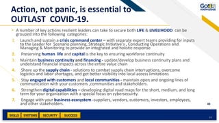 SKILLS SUCCESSSYSTEMS
43
SECURITY 43
Action, not panic, is essential to
OUTLAST COVID-19.
• A number of key actions resilient leaders can take to secure both LIFE & LIVELIHOOD can be
grouped into the following categories:
1. Launch and sustain a crisis command center – with separate expert teams providing for inputs
to the Leader for Scenario planning, Strategic Initiative's , Conducting Operations and
Managing & Monitoring to provide an integrated and holistic response
2. Preserving human life and capital is the key to ensuring workforce continuity
3. Maintain business continuity and financing - update/develop business continuity plans and
understand financial impacts across the entire value chain
4. Shore up the supply chain - solutions to combat supply chain interruptions, overcome
logistics and labor shortages, and get better visibility into local access limitations
5. Stay engaged with customers and local communities - maintain open and ongoing lines of
communication with your customers ,communities and stakeholders.
6. Strengthen digital capabilities – developing digital road maps for the short, medium, and long
term for your organization with a special focus on cybersecuirty.
7. Engage with your business ecosystem -suppliers, vendors, customers, investors, employees,
and other stakeholders.
 