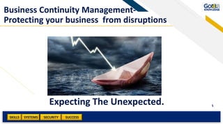 SKILLS SUCCESSSYSTEMS
5
SECURITY
Business Continuity Management-
Protecting your business from disruptions
Expecting The Unexpected.
 