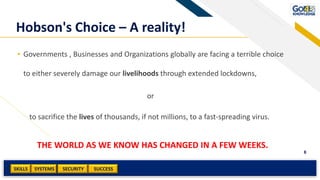 SKILLS SUCCESSSYSTEMS
8
SECURITY
Hobson's Choice – A reality!
• Governments , Businesses and Organizations globally are facing a terrible choice
to either severely damage our livelihoods through extended lockdowns,
or
to sacrifice the lives of thousands, if not millions, to a fast-spreading virus.
THE WORLD AS WE KNOW HAS CHANGED IN A FEW WEEKS.
 