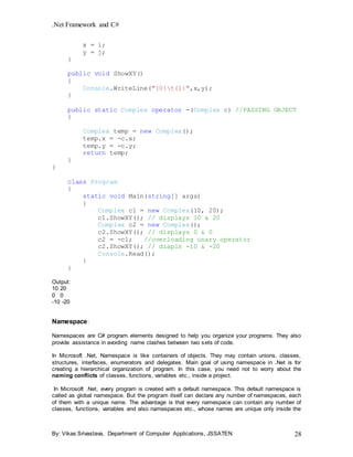 .Net Framework and C#
By: Vikas Srivastava, Department of Computer Applications, JSSATEN 28
x = i;
y = j;
}
public void ShowXY()
{
Console.WriteLine("{0}t{1}",x,y);
}
public static Complex operator -(Complex c) //PASSING OBJECT
{
Complex temp = new Complex();
temp.x = -c.x;
temp.y = -c.y;
return temp;
}
}
class Program
{
static void Main(string[] args)
{
Complex c1 = new Complex(10, 20);
c1.ShowXY(); // displays 10 & 20
Complex c2 = new Complex();
c2.ShowXY(); // displays 0 & 0
c2 = -c1; //overloading unary operator
c2.ShowXY(); // diapls -10 & -20
Console.Read();
}
}
Output:
10 20
0 0
-10 -20
Namespace:
Namespaces are C# program elements designed to help you organize your programs. They also
provide assistance in avoiding name clashes between two sets of code.
In Microsoft .Net, Namespace is like containers of objects. They may contain unions, classes,
structures, interfaces, enumerators and delegates. Main goal of using namespace in .Net is for
creating a hierarchical organization of program. In this case, you need not to worry about the
naming conflicts of classes, functions, variables etc., inside a project.
In Microsoft .Net, every program is created with a default namespace. This default namespace is
called as global namespace. But the program itself can declare any number of namespaces, each
of them with a unique name. The advantage is that every namespace can contain any number of
classes, functions, variables and also namespaces etc., whose names are unique only inside the
 