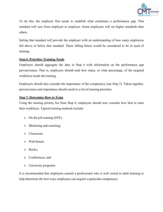 To do this, the employer first needs to establish what constitutes a performance gap. That
standard will vary from employer to employer. Some employers will set higher standards than
others.
Setting that standard will provide the employer with an understanding of how many employees
fall above or below that standard. Those falling below would be considered to be in need of
training.
Step 6: Prioritize Training Needs
Employers should aggregate the data in Step 6 with information on the performance gap
pervasiveness. That is, employers should total how many, or what percentage, of the targeted
workforce needs the training.
Employers should also consider the importance of the competency (see Step 2). Taken together,
pervasiveness and importance should result in a list of training priorities.
Step 7: Determine How to Train
Using the training priority list from Step 6, employers should now consider how best to train
their workforce. Typical training methods include:
 On the job training (OJT);
 Mentoring and coaching;
 Classroom;
 Web-based;
 Books;
 Conferences; and
 University programs.
It is recommended that employers consult a professional who is well versed in adult learning to
help determine the best ways employees can acquire a particular competency.
 