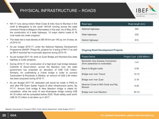 For updated information, please visit www.ibef.orgGOA20
PHYSICAL INFRASTRUCTURE – ROADS
 NH-17 runs along India's West Coast & links Goa to Mumbai in the
north & Mangalore to the south. NH-4A running across the state
connects Panaji to Belgaum (Karnataka) in the east. As of May 2015,
the construction of 4 state highways, 10 major district roads & 76
rural roads are under progress.
 The state had a road density of 285.49 km per 100 sq. km of area, as
of 2014-15.
 As per budget 2016-17, under the National Highway Development
Programme (NHDP- Phase III), projects for 4 laning of NH-17 as well
as NH-4 received the in-principle approval during 2015-16.
 As per budget 2017-18, work on Zuari Bridge and Mumbai-Goa state
highway is under progress.
 During 2016-17, for construction of a high-level road bridge between
Cottombi & Savoi-Verem, across the Mandovi river, the state
government has proposed an allocation of US$ 3.20 million.
Similarly, for undertaking a 2-lane bridge in order to connect
Caranzalem & Kharwada in Madkai, an amount of US$ 2.49 million
has been proposed during 2016-17.
 As per Budget 2017-18, dedicated cell would be made in PWD to
look after PM Gram Sadak Yojana & other infrastructure works. By
FY’17, Amona Virdi bridge & New Mandovi bridge is slated for
completion, while the work of new Khandepar bridge costing US$
44.18 million will be completed before 2020. Road safety audit worth
US$ 32.73 million to be taken up in 2017.
Road type Road length (km)
National highways 262
State highways 232
District highways 815
Ongoing Road Development Projects
Project Name Project Cost (US$ Million)
Bambolim Goa Subway Conversion
(from pedestrian to motorable)
1.41
Biana to Bogda roads 4.54
Bridge over river Tiracol 12.12
Bridge over river Zuari 5.19
Miramar Circle to NIO Circle and Raj
Bhavan
9.45
Bridge over river Mandovi 55.10
Source: Directorate of Transport PWD: Public Works Department, State Budget 2016-17
 