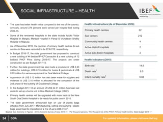 For updated information, please visit www.ibef.orgGOA34
SOCIAL INFRASTRUCTURE – HEALTH
 The state has better health ratios compared to the rest of the country.
Annually, around 276 persons were served per hospital bed during
2014-15.
 Some of the renowned hospitals in the state include Apollo Victor
Hospital in Margao, Manipal Hospital in Panaji & Vrundavan Shalby
Hospital in Mapusa.
 As of December 2016, the number of primary health centres & sub
centres in Goa were recorded to be 22 & 212, respectively.
 In Budget 2016-17, the state government has proposed to construct
a new building of 44 bedded PHC# Cansaulim & a new building of 12
bedded PHC# Prina during 2016-17. The projects are under
construction as per Budget 2017-18.
 Further, the state government has also made a provision of US$ 2.43
million for buildings, US$ 0.18 million for books & periodicals & US$
0.70 million for various equipment for Goa Medical College.
 A provision of US$ 0.12 million has also been made for supplies and
materials & US$ 3.10 million is allocated for the completion of the
2nd phase of the building of Goa Dental College.
 In the Budget 2017-18 an amount of US$ 22.31 million has been set
aside to set up a burns unit in Goa Medical College (GMC).
 Primary health centres will be upgraded with more beds & the New
South Goa District hospital to be ready for public use in 2018.
 The state government announced ban on use of plastic bags
effective from July 2017. Manufacturing, selling and carrying plastic
bags would lead to imposition of a fine of up to US$ 74.37.
Source: Goa Economy in Figures - 2015, Economic Survey of Goa, 2014-15 1Per thousand persons, 2Per thousand live births PHC# -Primary Health Centre, State Budget 2016-17
Primary health centres 22
Sub centers 212
Community health centres 4
Active district hospitals 2
Active sub-district hospitals 2
Health infrastructure (As of December 2016)
Birth rate
1
14.6
Death rate
1
8.5
Infant mortality rate
2
9.62
Health indicators (2015)
 