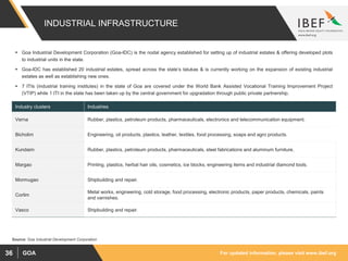 For updated information, please visit www.ibef.orgGOA36
INDUSTRIAL INFRASTRUCTURE
Industry clusters Industries
Verna Rubber, plastics, petroleum products, pharmaceuticals, electronics and telecommunication equipment.
Bicholim Engineering, oil products, plastics, leather, textiles, food processing, soaps and agro products.
Kundaim Rubber, plastics, petroleum products, pharmaceuticals, steel fabrications and aluminum furniture.
Margao Printing, plastics, herbal hair oils, cosmetics, ice blocks, engineering items and industrial diamond tools.
Mormugao Shipbuilding and repair.
Corlim
Metal works, engineering, cold storage, food processing, electronic products, paper products, chemicals, paints
and varnishes.
Vasco Shipbuilding and repair.
 Goa Industrial Development Corporation (Goa-IDC) is the nodal agency established for setting up of industrial estates & offering developed plots
to industrial units in the state.
 Goa-IDC has established 20 industrial estates, spread across the state’s talukas & is currently working on the expansion of existing industrial
estates as well as establishing new ones.
 7 ITIs (industrial training institutes) in the state of Goa are covered under the World Bank Assisted Vocational Training Improvement Project
(VTIP) while 1 ITI in the state has been taken up by the central government for upgradation through public private partnership.
Source: Goa Industrial Development Corporation
 