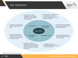 For updated information, please visit www.ibef.orgGOA5
GOA VISION 2035
Vision 2035
Value chains to
success
Preserve beauty
and serenity
Knowledge centric
Governance
 To depend on natural
resources and related logistic
industries, tourism and related
services, healthcare & pharma
industry, etc.
 The state plans to be a
knowledge-centric destination in
the upcoming years.
 The state plans to preserve its
natural beauty at all costs
 To ensure vibrant future for the
habitats of the state.
 The foundation of high
quality governance should
be fairness, accountability
and transparency.
 Goa plans to emerge as the
most well-governed state in
India.
 Goa’s per capita GDP is
twice that of India and the
state aims to exceed that in
the next 25 years.
 In spite of its higher literacy
rate, the state plans to move
one step ahead.
 To conserve Goa’s biodiversity,
embrace responsible mining,
develop tourism sites.
Source: Goa Chamber of Commerce and Industry
 