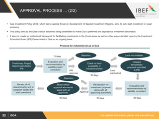 For updated information, please visit www.ibef.orgGOA52
APPROVAL PROCESS … (2/2)
 Goa Investment Policy 2013, which laid a special thrust on development of Special Investment Regions, aims to kick start investment in Goan
economy.
 This policy aims to articulate various initiatives being undertaken to make Goa a preferred and aspirational investment destination.
 It aims to create an institutional framework for facilitating investments in the thrust areas as well as other areas decided upon by the Investment
Promotion Board (IPB)/Government of Goa on an ongoing basis.
Evaluation and
recommendation by
satellite expert
consultant
IPB decision on
investment proposal
along with all
approving authorities
Check on land
availability in
industrial estates
Process for industrial set up in Goa
15 days Rejection
IPB
approval
Detailed
templatised
proposal submitted
to IPB
Land not available
Land
earmarked
30 days
Evaluation and
recommendation by
satellite consultant
Nodal officer
approval who would
assist with all
approvals Approval
Rejection
Receipt of all
clearances for unit to
establish facility and
start operations
30 days30 days30 days
Preliminary Project
Report submitted to
IPB
 
