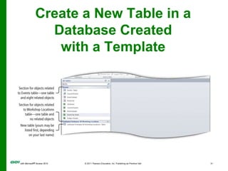 Covered ObjectivesCreate a Database Using a TemplateOrganize Objects in the Navigation PaneCreate a New Table in a Database Created with a TemplatePrint a Report and a Table in a Database Created with a Template