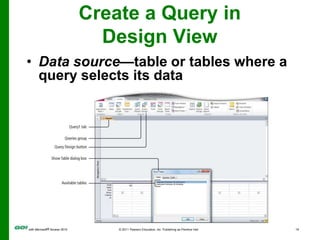 Create a Query in Design ViewData source—table or tables where a query selects its data