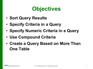 ObjectivesSort Query ResultsSpecify Criteria in a QuerySpecify Numeric Criteria in a QueryUse Compound CriteriaCreate a Query Based on More Than One Table
