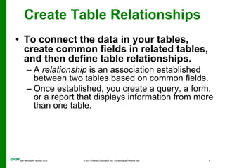 Create Table RelationshipsTo connect the data in your tables, create common fields in related tables, and then define table relationships.A relationship is an association established between two tables based on common fields.Once established, you create a query, a form, or a report that displays information from more than one table.