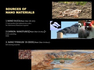SOURCES OF
NANO MATERIALS
1.NANO SILICA[Mean Dia~35 nm]-
1st nano-product that replaced micro-silica
No Admixtures/Plasticizers required
2.CARBON NANOTUBES[Mean Dia=20-40nm]-
Crack controlling
SHM
3. NANO TITANIUM DI-OXIDE[Mean Dia=30-40nm]-
Self cleaning properties
 
