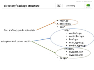 directory/package structure Generating04
• main.go
• controller/
• gen/
• app/
• contexts.go
• controllers.go
• hrefs.go
• user_types.go
• media_types.go
• swagger/
• swagger.json
• swagger.yml
• design/
auto-generated, do not modify
Only scaffold, goa do not update
 