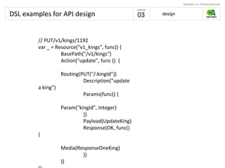 DSL examples for API design design03
// PUT/v1/kings/1192
var _ = Resource("v1_kings", func() {
BasePath("/v1/kings")
Action("update", func () {
Routing(PUT("/:kingId"))
Description(”update
a king")
Params(func() {
Param("kingId", Integer)
})
Payload(UpdateKing)
Response(OK, func()
{
Media(ResponseOneKing)
})
})
 