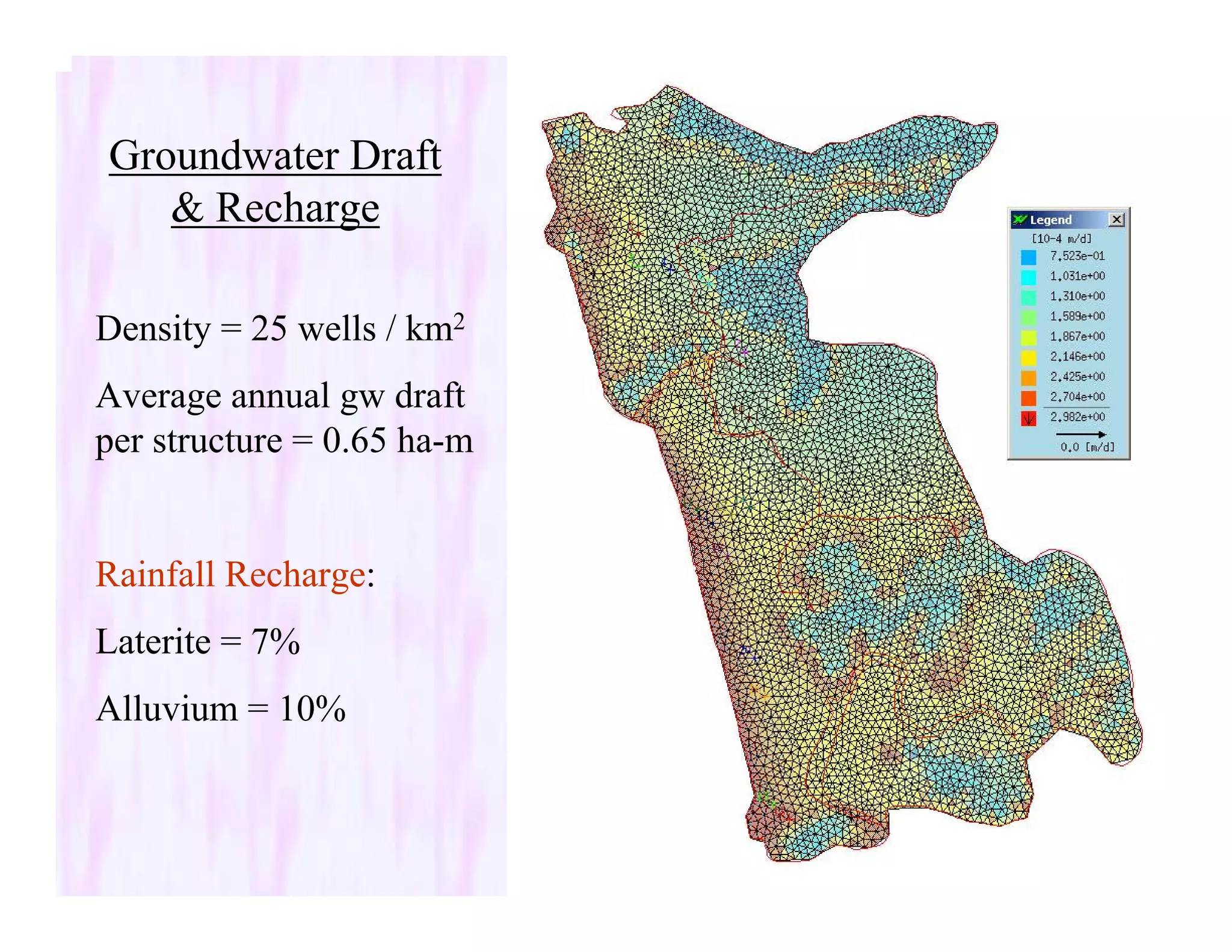 Groundwater Draft
& Recharge
Density = 25 wells / km2
Average annual gw draft
per structure = 0.65 ha-m
Rainfall Recharge:
Laterite = 7%
Alluvium = 10%
 