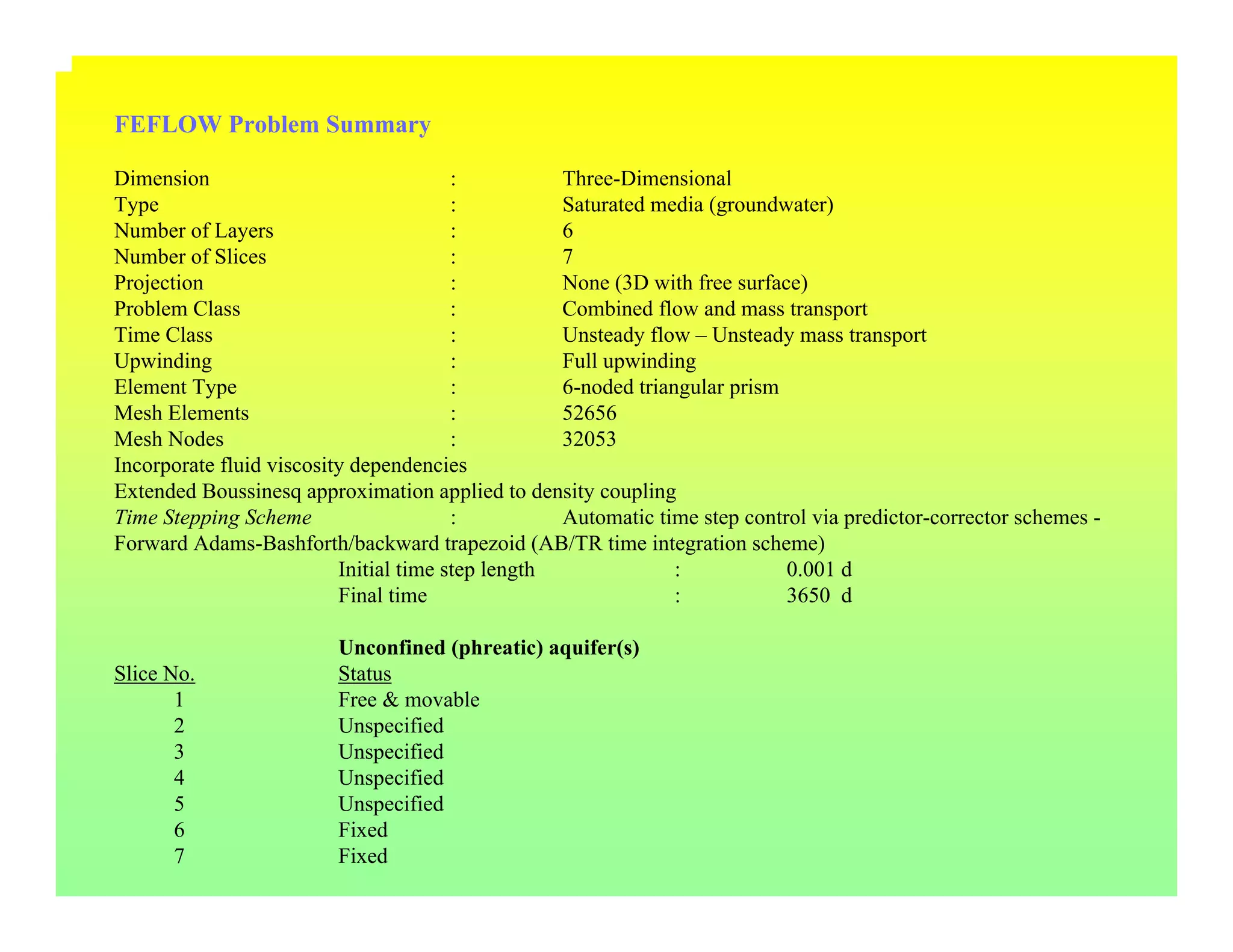 FEFLOW Problem Summary
Dimension : Three-Dimensional
Type : Saturated media (groundwater)
Number of Layers : 6
Number of Slices : 7
Projection : None (3D with free surface)
Problem Class : Combined flow and mass transport
Time Class : Unsteady flow – Unsteady mass transport
Upwinding : Full upwinding
Element Type : 6-noded triangular prism
Mesh Elements : 52656
Mesh Nodes : 32053
Incorporate fluid viscosity dependencies
Extended Boussinesq approximation applied to density coupling
Time Stepping Scheme : Automatic time step control via predictor-corrector schemes -
Forward Adams-Bashforth/backward trapezoid (AB/TR time integration scheme)
Initial time step length : 0.001 d
Final time : 3650 d
Unconfined (phreatic) aquifer(s)
Slice No. Status
1 Free & movable
2 Unspecified
3 Unspecified
4 Unspecified
5 Unspecified
6 Fixed
7 Fixed
 