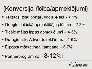 {Konversija rīcība/apmeklējumi} Textads, ziņu portāli, sociālie tīkli - < 1% Google dabiskā apmeklētāju plūsma – 2-3% Tiešie mājas lapas apmeklējumi – 4-5% Draugiem.lv, Adwords reklāmas – 4-6% E-pasta mārketinga kampaņa – 5-7% Partnerprogramma –  8-12% ! 