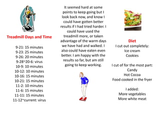It seemed hard at some points to keep going but I look back now, and know I could have gotten better results if I had tried harder. I could have used the treadmill more, or taken advantage of the warm days we have had and walked. I also could have eaten even better. I am happy with the results so far, but am still going to keep working.Treadmill Days and Time9-21: 15 minutes9-23: 25 minutes9-26: 20 minutes9-28~20-6: virus10-9: 10 minutes10-12: 10 minutes10-16: 15 minutes10-21: 15 minutes11-2: 10 minutes11-6: 15 minutes11-11: 15 minutes11-12~current: virusDietI cut out completely:Ice creamCookiesI cut of for the most part:CandyHot CocoaFood cooked in the fryerI added:More vegetablesMore white meat