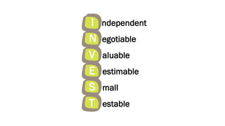 I
N
V
E
S
T

ndependent

egotiable
aluable
estimable
mall
estable

 