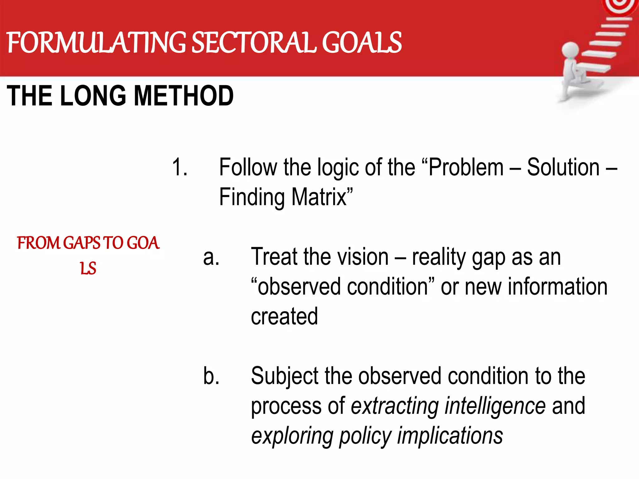FORMULATING SECTORAL GOALS
THE LONG METHOD
1. Follow the logic of the “Problem – Solution –
Finding Matrix”
a. Treat the vision – reality gap as an
“observed condition” or new information
created
b. Subject the observed condition to the
process of extracting intelligence and
exploring policy implications
FROMGAPSTO GOA
LS
 