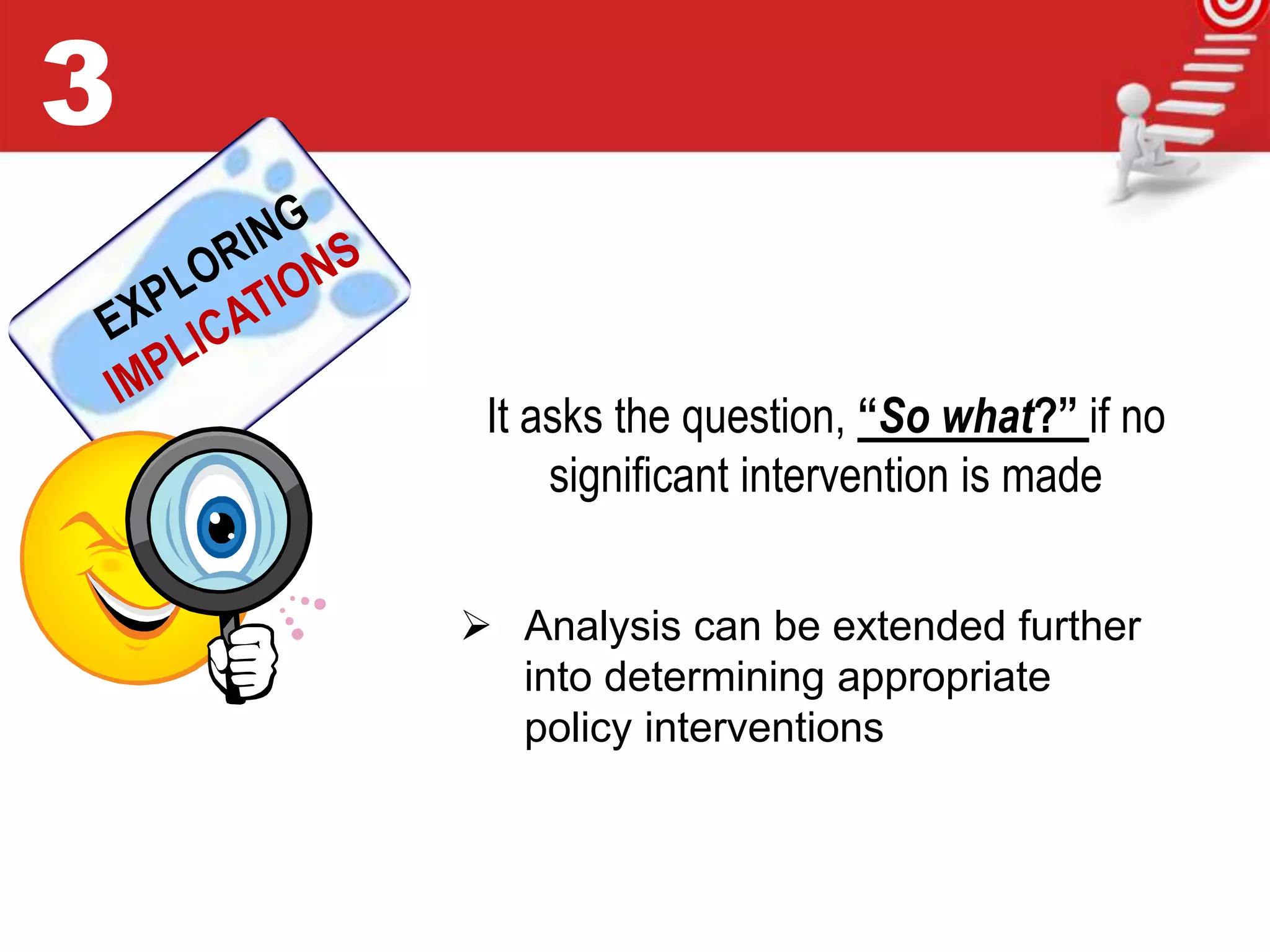 It asks the question, “So what?” if no
significant intervention is made
 Analysis can be extended further
into determining appropriate
policy interventions
3
 