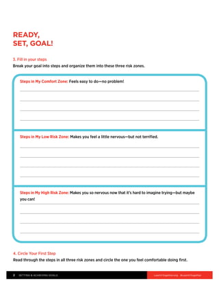 READY,
SET, GOAL!
3. Fill in your steps
Break your goal into steps and organize them into these three risk zones.
Steps in...