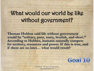 What would our world be like without government? Thomas Hobbes said life without government would be “solitary, poor, nasty, brutish, and short.” According to Hobbes, humans naturally compete for territory, resources and power. If this is true, and if there are no laws… what would result? Goal 10 C. Sharbutt    NC Civics and Economics    www.sharbsclass.com 